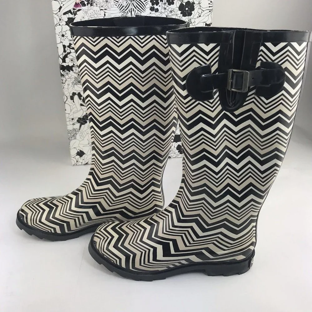 CL By Laundry Chevron Rain Boots Black Beige Size‎ 6